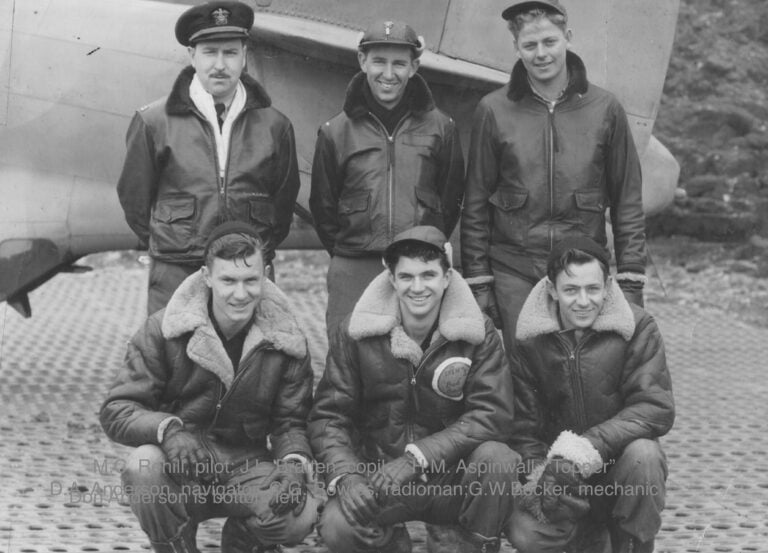 VB-139 crew Top row: Lt. M.C. Rehill, pilot; J.L. Bratten, copilot, H. M. Aspinwall, gunner (“topper”); Bottom row: D. A. Anderson, navigator; C. G. Rowles, radioman; G.W. Becker, mechanic Attu May 1944