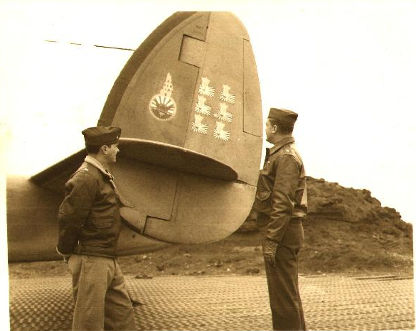 VB-139 CO Lt.Cmdr William R. Stevens and FAW4 CO Cmdr Leslie Gehres by the PV-1 BuNo 33110 with decorated tail. 12 June 1944, Attu