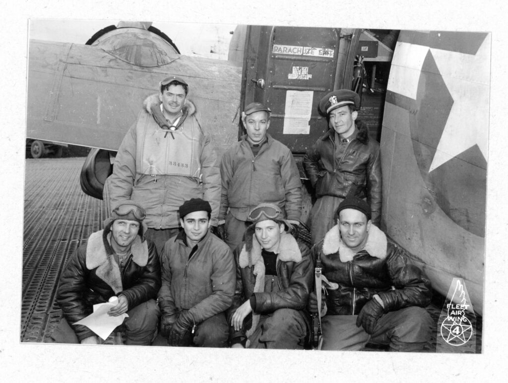 5 May 1944, Attu VB-139 Plane Crew #61 after Paramushiro night mission. Top row, L-R: Ens. Dale G. Eckbald, Lt. Carl Heikkinen, Lt. Clyde C. Caillouit, Bottom row, A.F. Goniewich, ARM 3/c, E.J. Rubin, AOM3/c, W.R. Johnson, AMM2/c and Walker, AMM3/c.